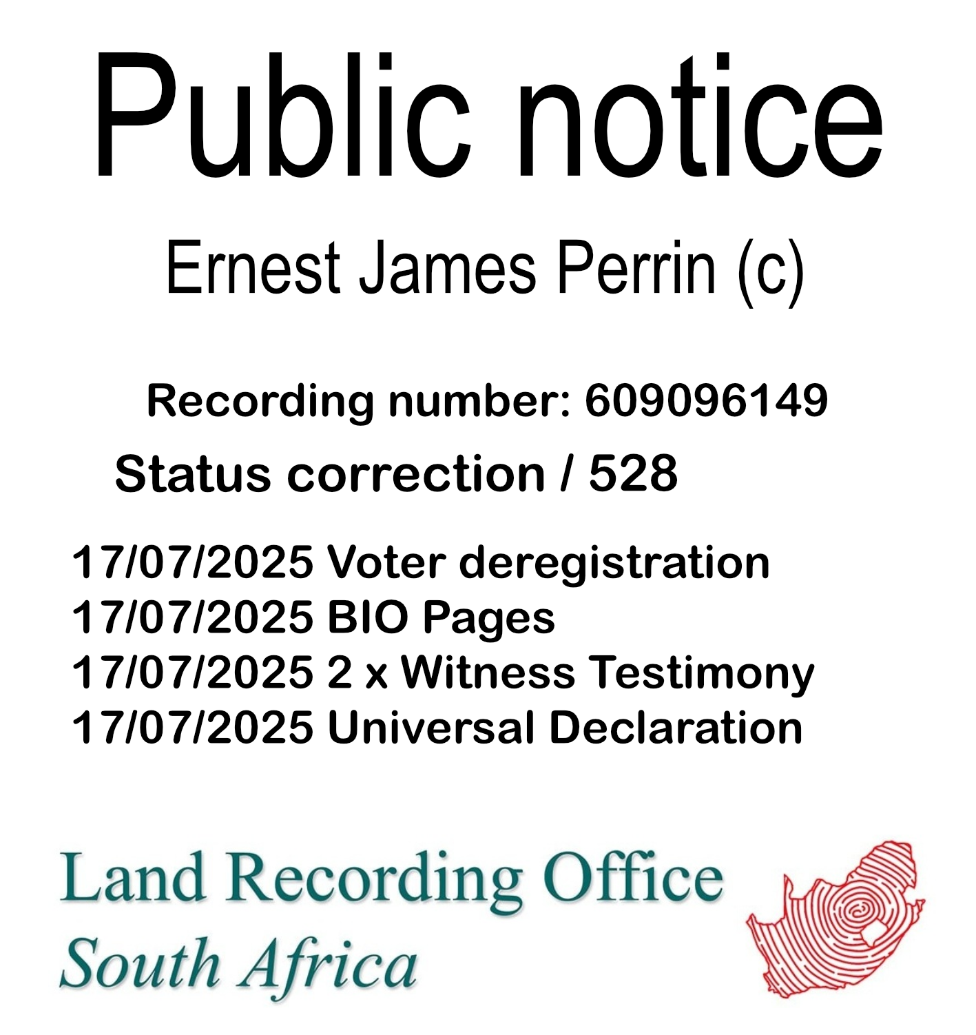 Public notice Ernest James Perrin (c) Recording number 609096149
